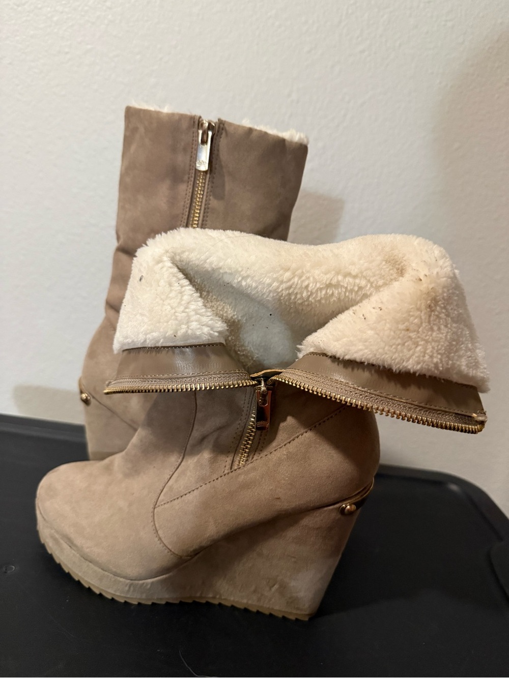 Juicy Couture Beige Suede Wedge Booties with Faux Shearling